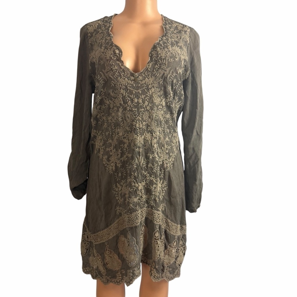 Johnny Was Eyelet Dress Gray Embroidered Floral Long Sleeve